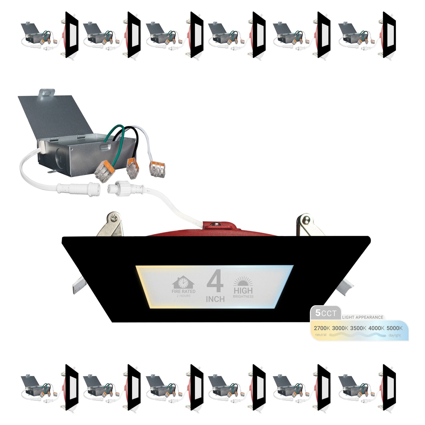 NUWATT Black 4-in 900 -Lumens Switchable white Square Dimmable LED Canless Wet rated Recessed Downlight 12 -Pack