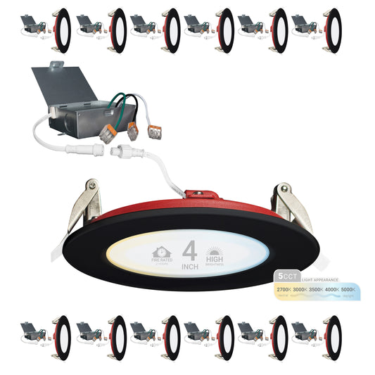 NUWATT Black 4-in 900 -Lumens Switchable white Round Dimmable LED Canless Wet rated Recessed Downlight 12 -Pack