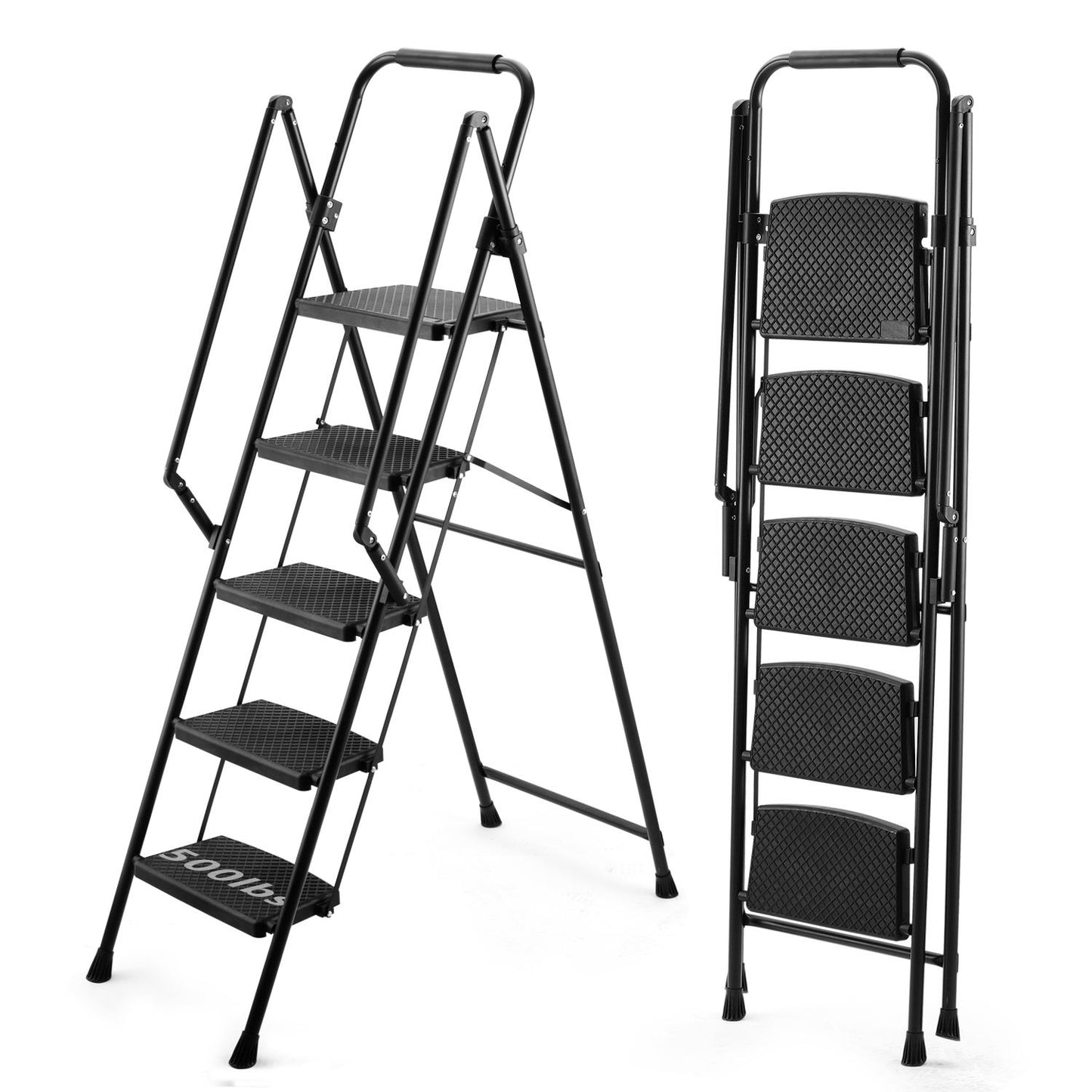 Siavonce 5 Step Ladder 5-Step 500-lb Capacity Black Steel Foldable Step Stool XH44665
