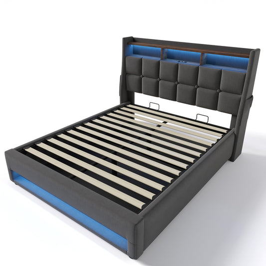 Bybafun Full Gray Storage Bed Frame with Headboard