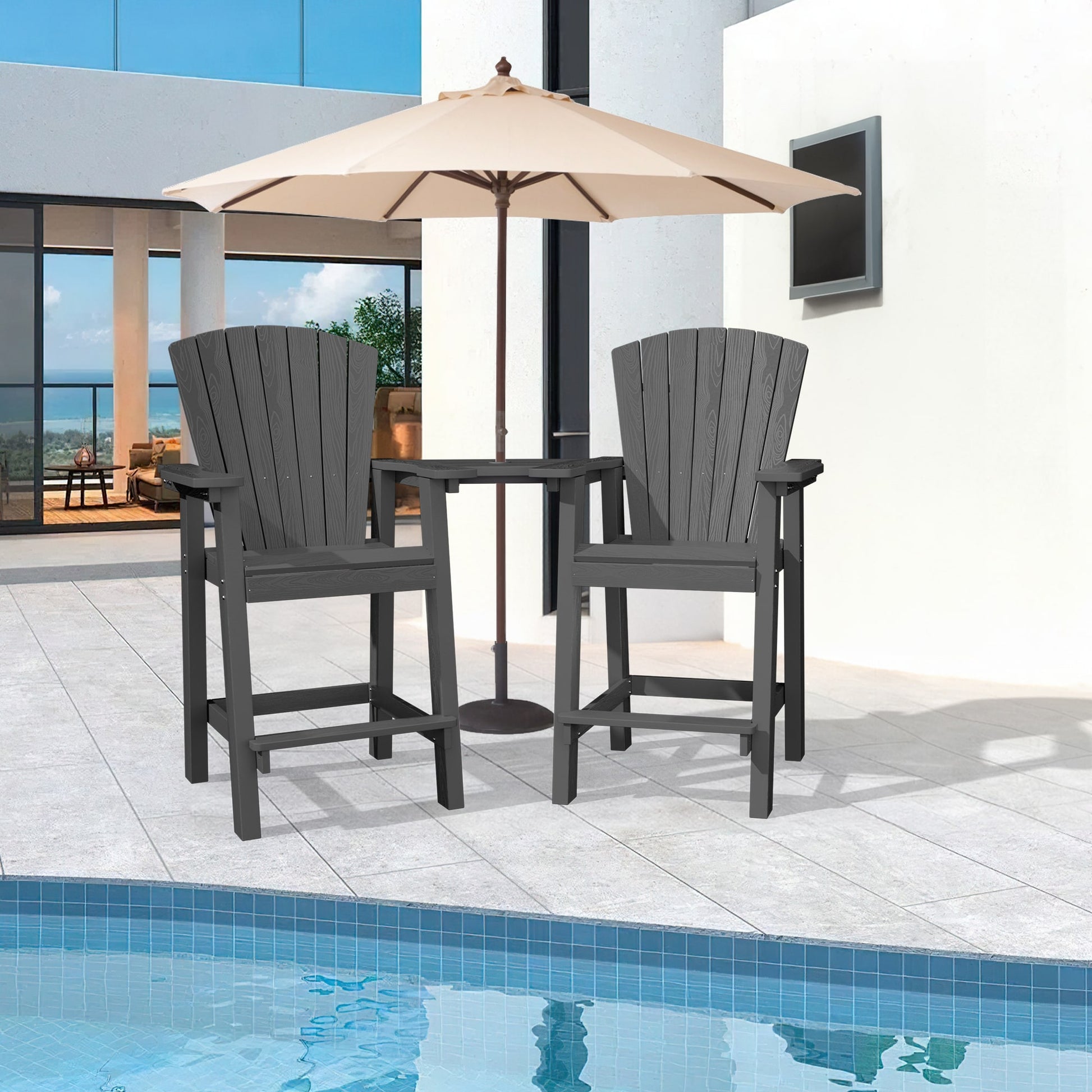 VOUA Patio HDPE Tall Bar Set With Umbrella Hole Set of 2 GRAY HDPE Frame Stationary Bar Stool Chair with Slat Seat