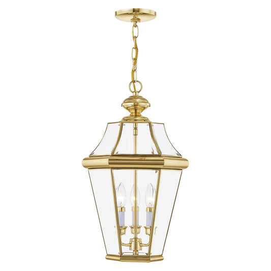 Livex Lighting Georgetown 3 -Light Polished brass Traditional Beveled glass Lantern Medium Outdoor Hanging Pendant light