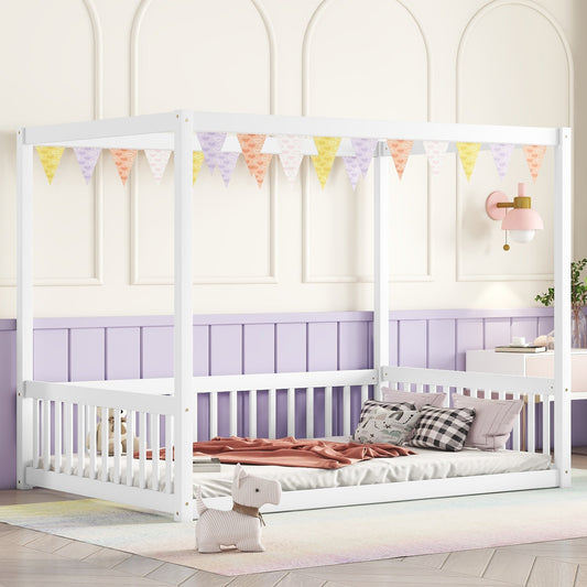 Bayfeve Full White Wood Canopy Bed with Headboard