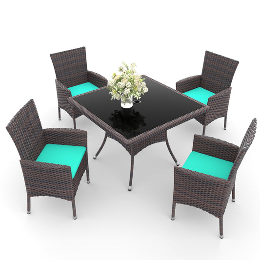 ALAULM 5 -Piece Brown Rattan Patio Dining Set Extendable Table Rattan Rectangle Table with 4 Blue Cushions Stationary Chairs