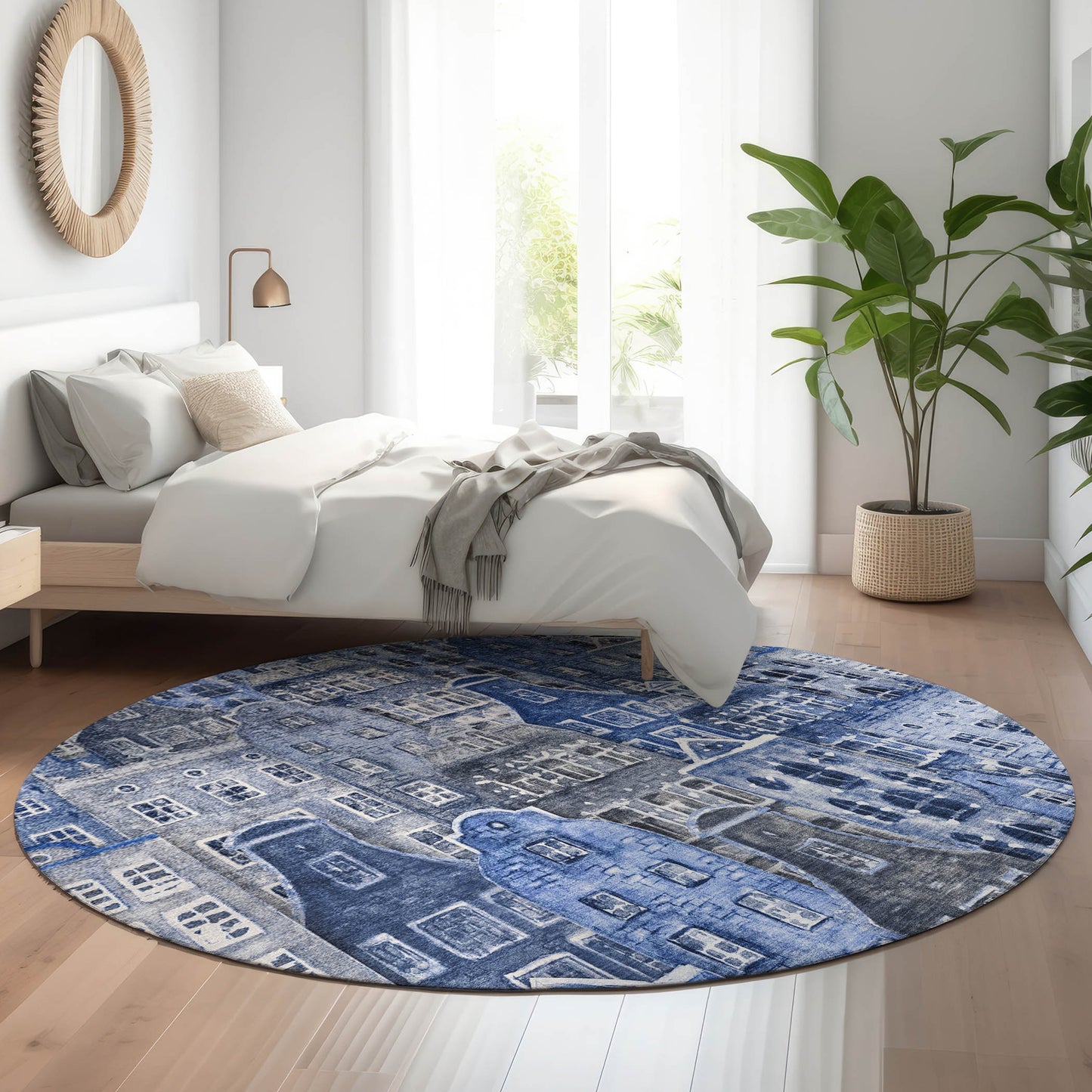 Addison Rugs Mayfield AMF600BU 8 x 8 (ft) Loomed Blue Round Indoor Geometric Machine washable Pet Friendly Area rug