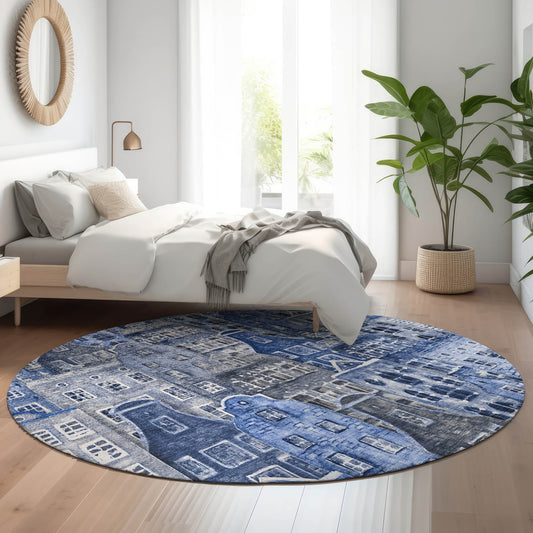 Addison Rugs Mayfield AMF600BU 8 x 8 (ft) Loomed Blue Round Indoor Geometric Machine washable Pet Friendly Area rug