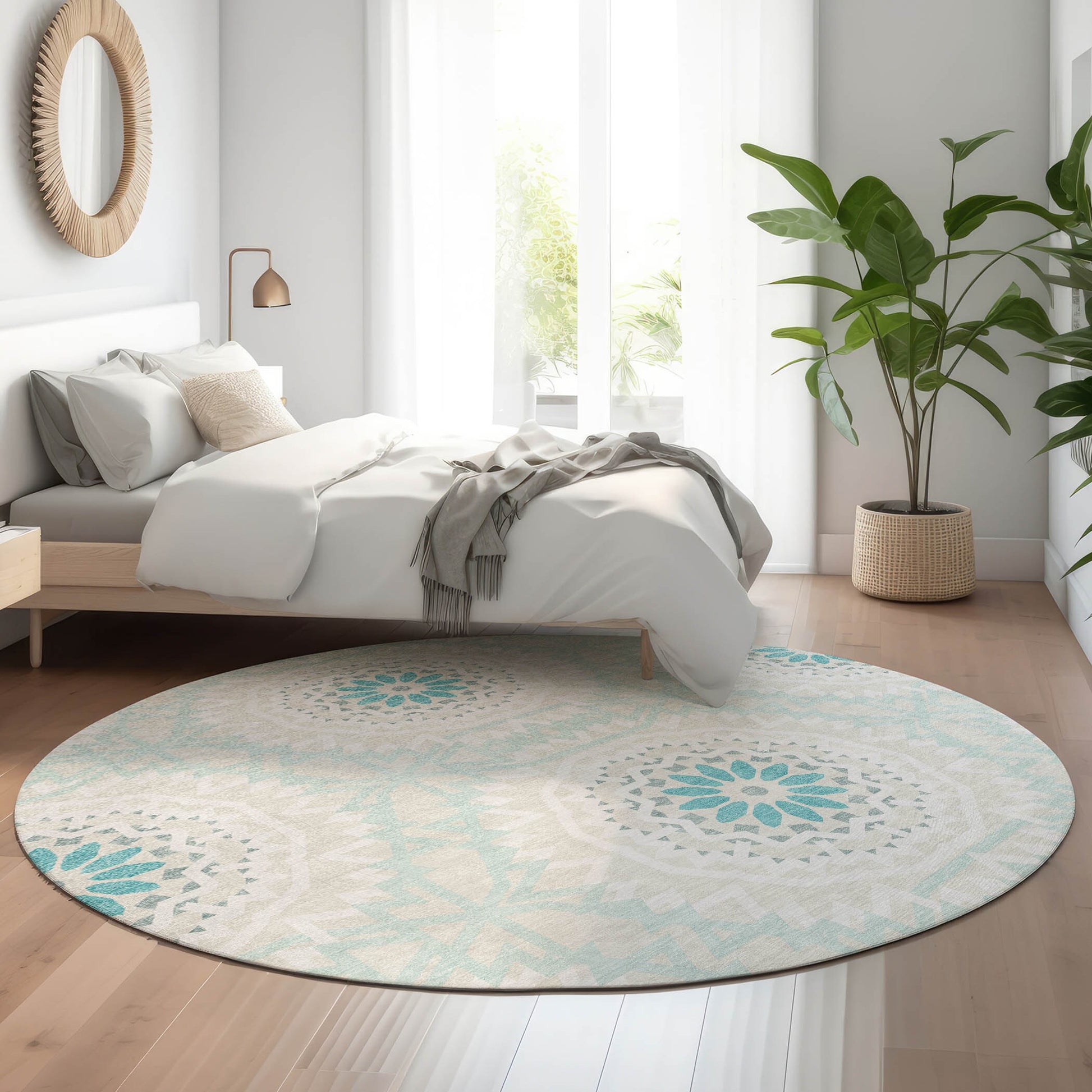 Addison Rugs Mayfield AMF619TE 8 x 8 (ft) Loomed Teal Round Indoor Geometric Machine washable Pet Friendly Area rug