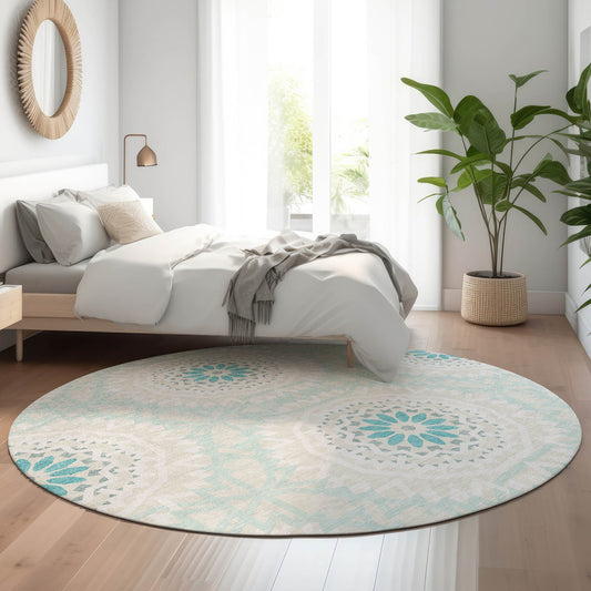 Addison Rugs Mayfield AMF619TE 8 x 8 (ft) Loomed Teal Round Indoor Geometric Machine washable Pet Friendly Area rug