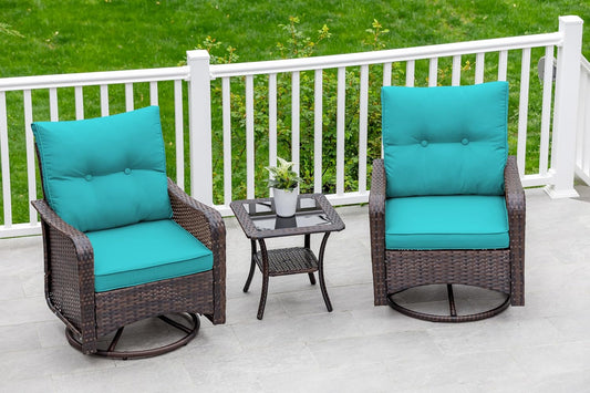 ALAULM Wicker Swivel Rocking Chair Set Set of 2 Wicker Brown Wicker Frame Swivel rocker Rocking Chair with Blue Solid Seat