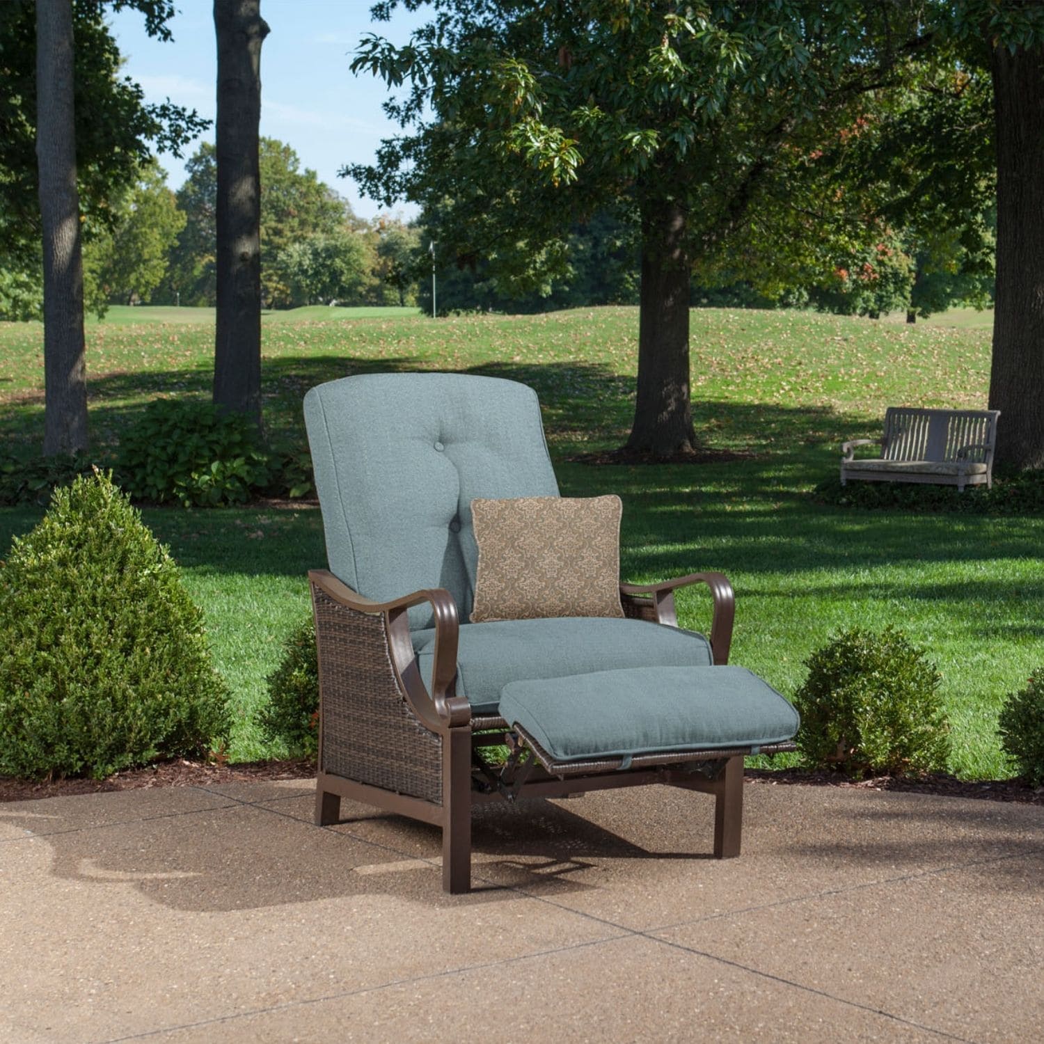 Hanover Ventura Wicker Cocoa Stone Steel Frame Stationary Recliner Chair with Blue Cushioned Seat