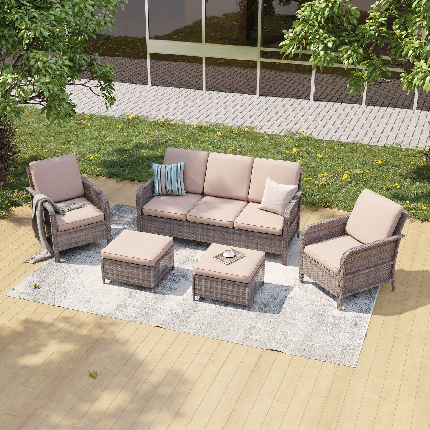 Sonkuki 5 -Piece Wicker Patio Sofa Conversation Set with Tan Cushions