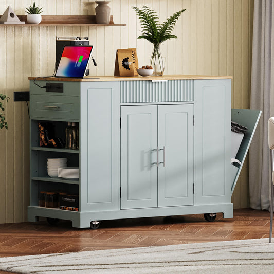 Bayfeve White MDF Base with Wood Wood Top Rolling Kitchen Island ( 20.5-in x 48.5-in x 36.35-in )