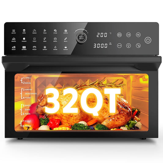 GINOST 32 QT (7.9 gal) Air Fryer Grill Combo – 1800 W, 20-in-1 Multi-Function Oven with 360° Circulation, Dual Presets, 13? Pizza Pan & 7 Accessories, Transparent Door