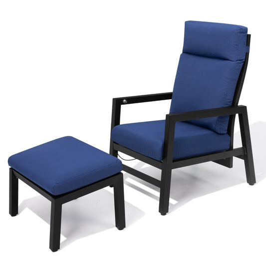 Crestlive Products Aluminum Chaise Lounge Chair Brown Aluminum Frame Stationary Conversation Chair with Blue Texteline Cushioned Seat