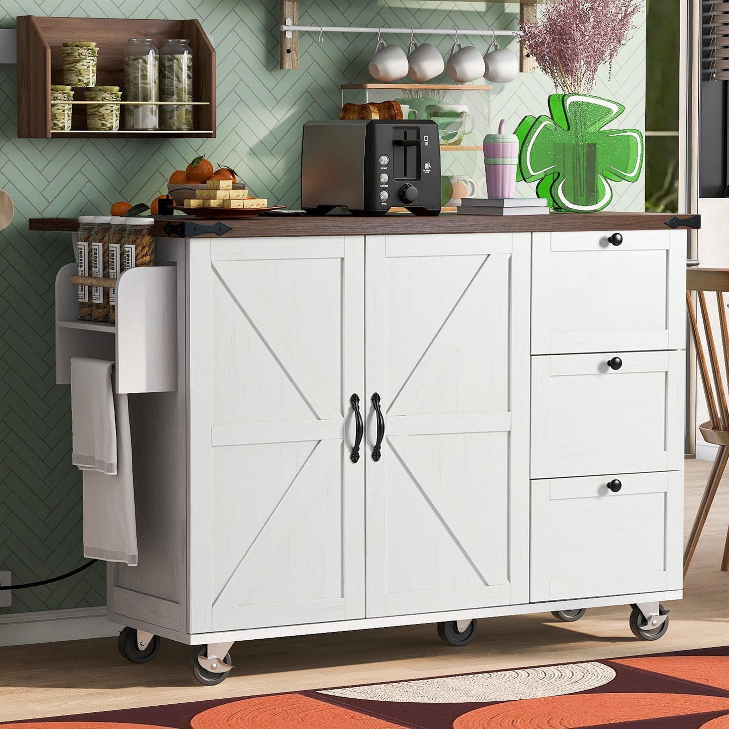 Xspracer White MDF Base with Wood Wood Top Rolling Kitchen Island ( 29-in x 55-in x 37-in )