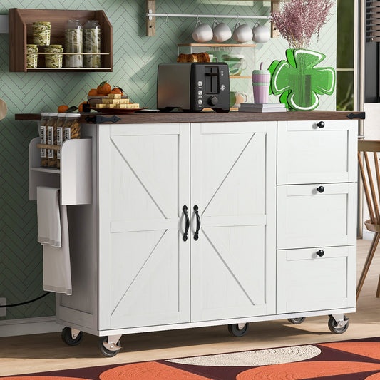 Xspracer White MDF Base with Wood Wood Top Rolling Kitchen Island ( 29-in x 55-in x 37-in )