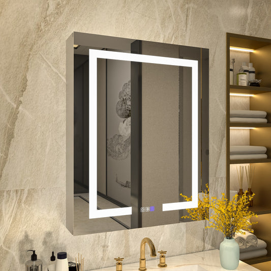 ExBrite Warmor 24-in x 30-in Lighted LED Fog Free Surface/Recessed Mount Sterra Silver Mirrored Rectangle Soft Close Medicine Cabinet with Outlet