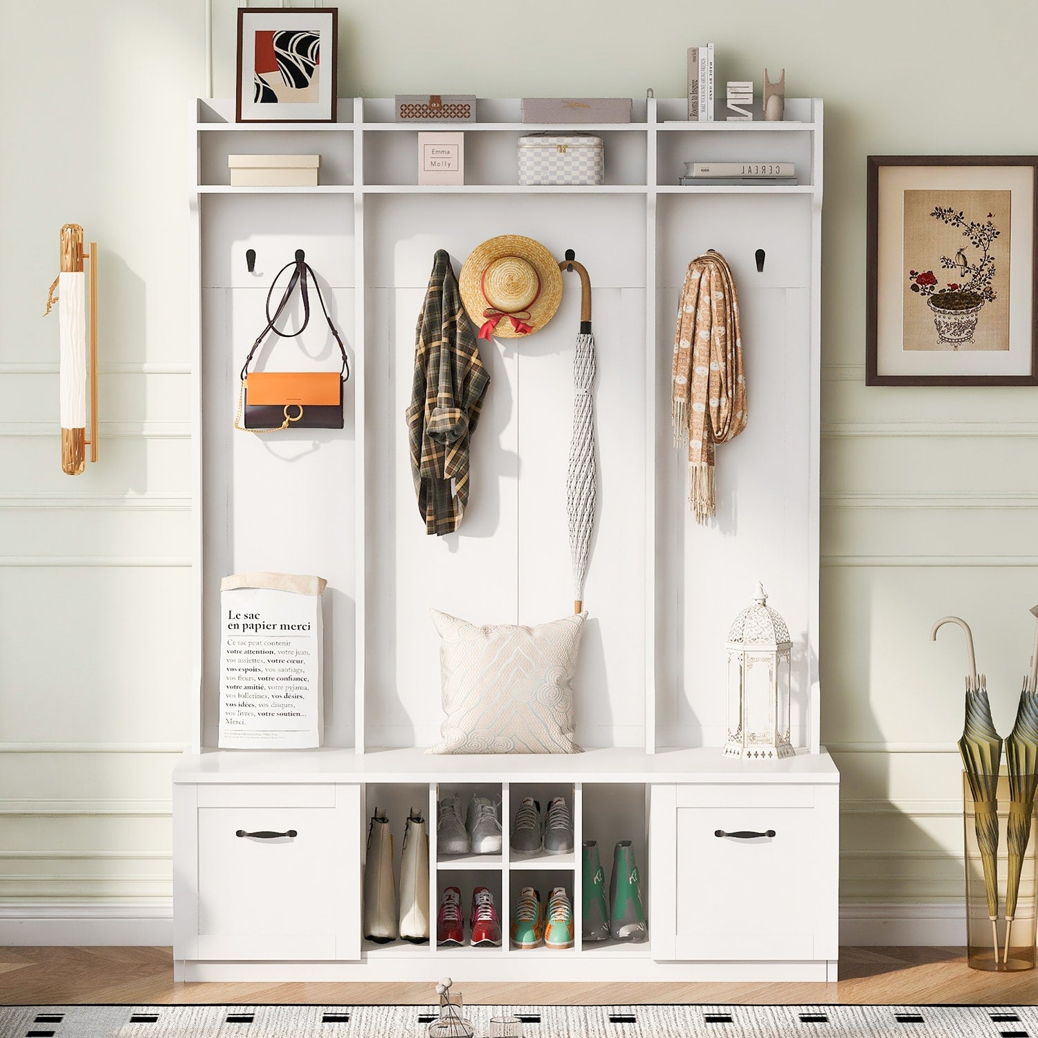 GZMR 5-in-1 Entryway Bench with Coat Rack White 7 -Hook Coat rack