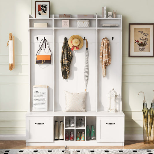 GZMR 5-in-1 Entryway Bench with Coat Rack White 7 -Hook Coat rack