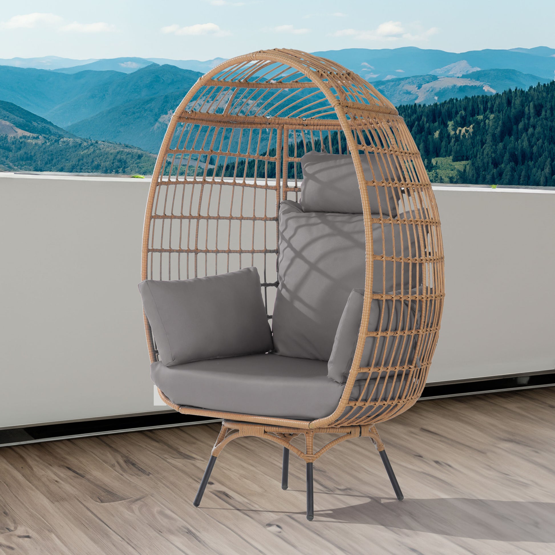 SANSTAR Egg chair Wicker Woodgrain Wicker Frame Stationary Conversation Chair with Gray Cushioned Seat