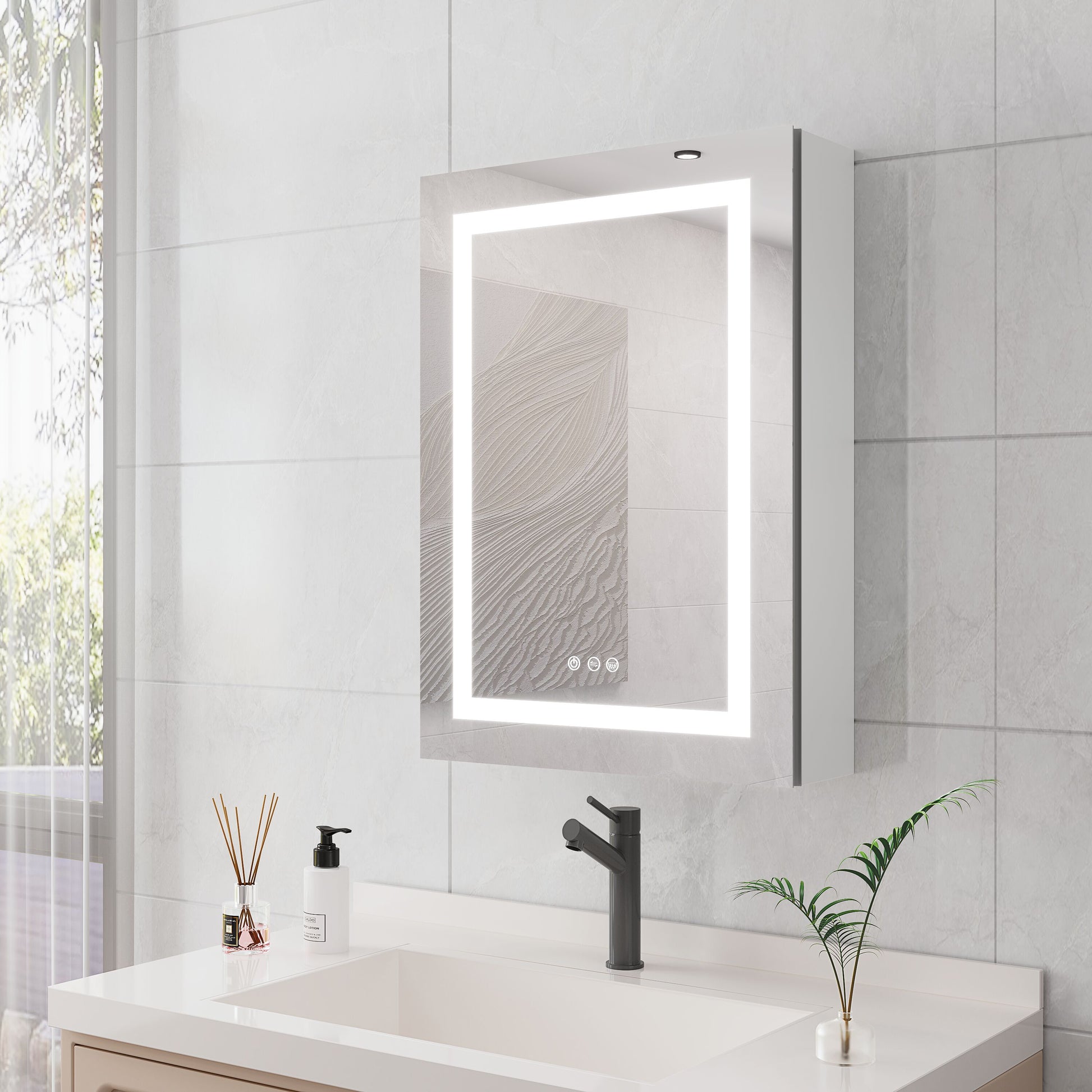Forclover Medicine Cabinet 20-in x 28-in Lighted LED Fog Free Surface Mount Silver Mirrored Rectangle Soft Close Medicine Cabinet