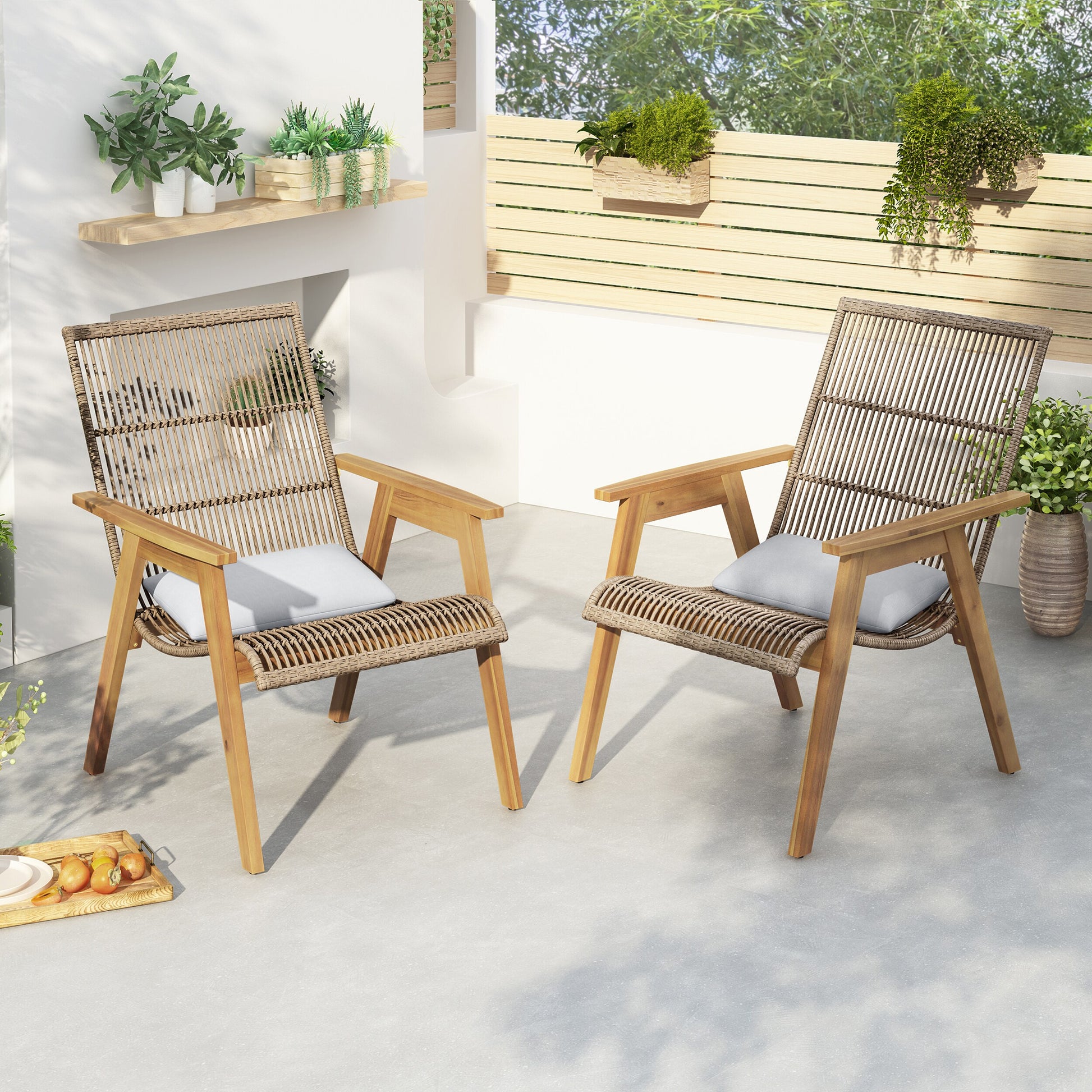 Moda Furnishings GIGI Set of 2 Wicker Teak Wood Frame Stationary Conversation Chair with Off-white Solid Seat