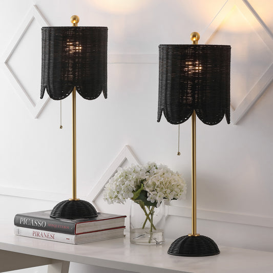 JONATHAN  Y Celerie Coastal Scalloped Rattan/Iron 27.5-in Black/Brass Gold LED Pull-chain Buffet Table Lamp with Rattan Shade 2 -Set