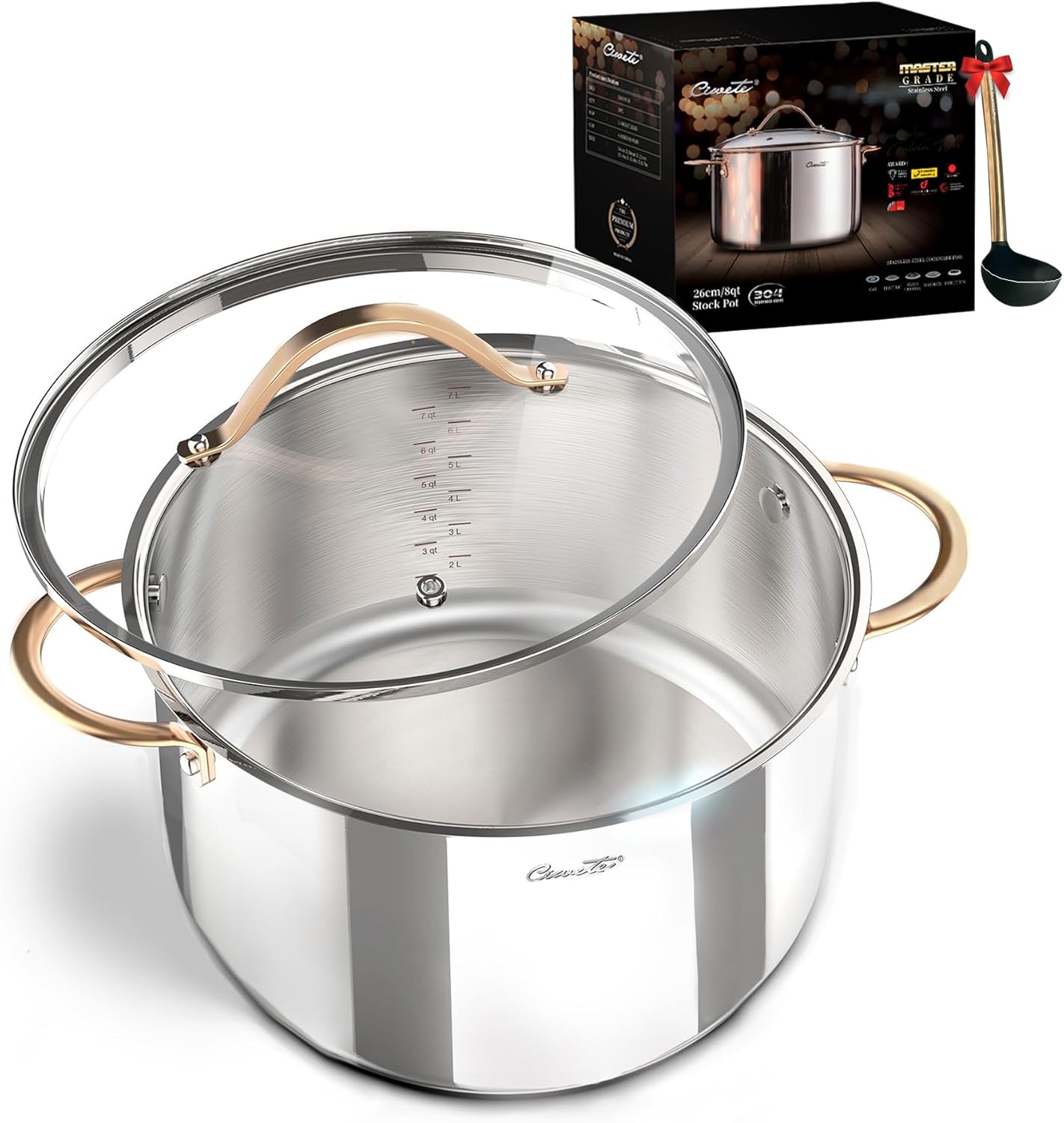 Ciwete 8 Quart Stock Pot, 3 Ply Whole Clad Stainless Steel Stock Pot, 8 QT Cooking Pot with Lid, Induction Pot for Cooking, 18\/10 Stainless Steel Cookware Stockpots Oven, Gas and Dishwasher Safe