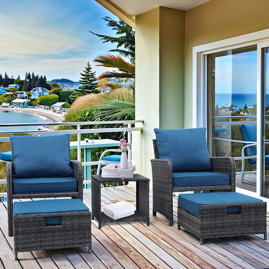 CESICIA Patio Chairs Set of 2 Rattan Grey Iron Frame Stationary Conversation Chair with Blue Cushioned Seat