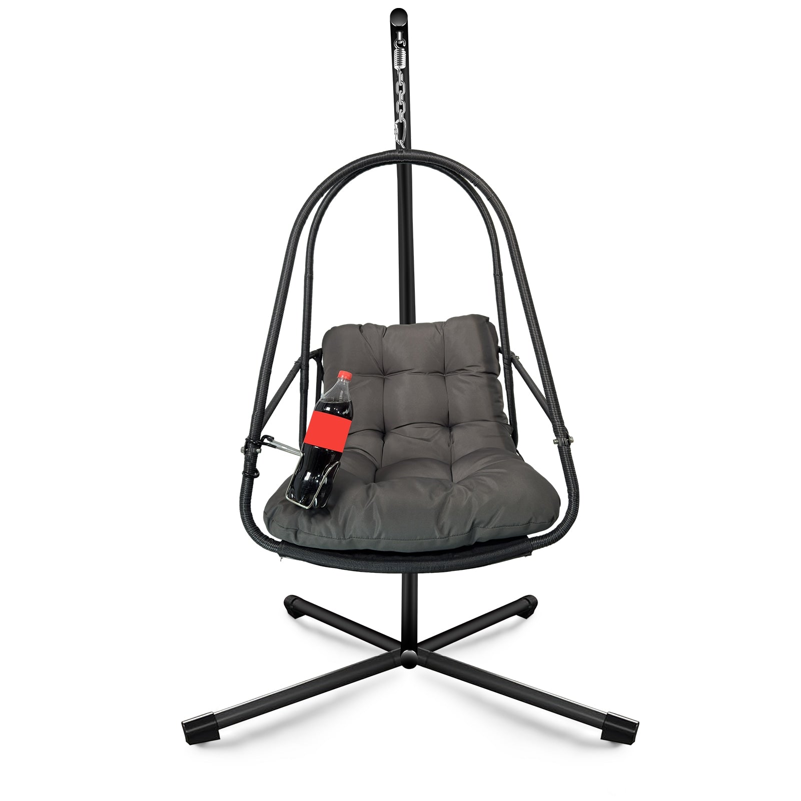CESICIA Patio Chairs Wicker Black Steel Frame Hanging Egg Chair with Gray Cushioned Seat
