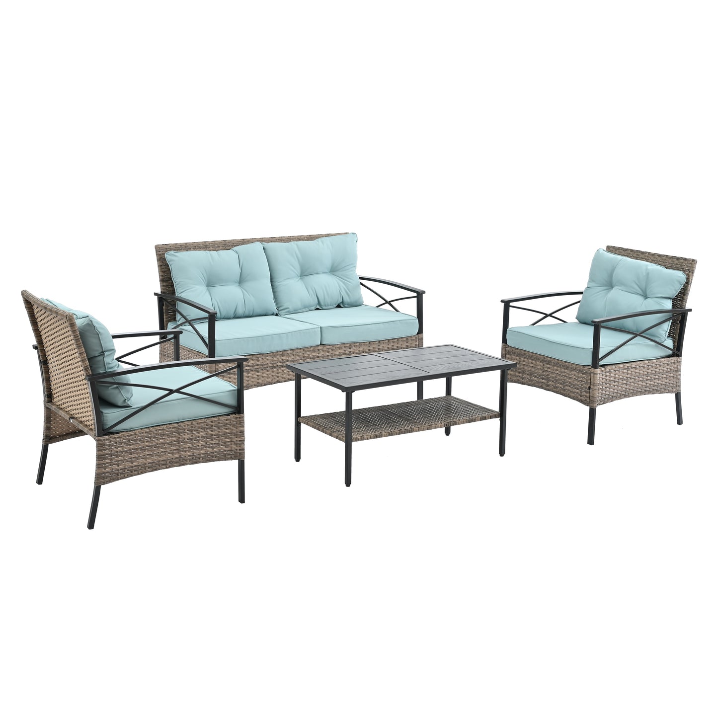 CESICIA Patio Chairs Set of 3 Rattan Brown Iron Frame Stationary Conversation Chair with Blue Cushioned Seat