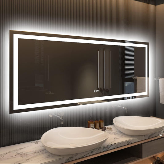 Amorho  60-in W x 28-in H Polished Frameless Rectangle Dimmable LED Lighted Fog Free Bathroom Vanity Mirror for wall ( Sliver )