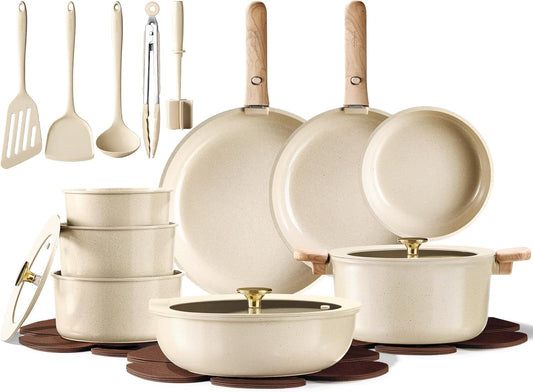 CAROTE 25PCS Ceramic Cookware Set, Pots and Pans set Non Stick, RV Kitchen Cooking Set Removable Handles, Oven Safe, Induction Coolware, Non-toxic Kitchen Cooking Set, PFAS and PFOA Free