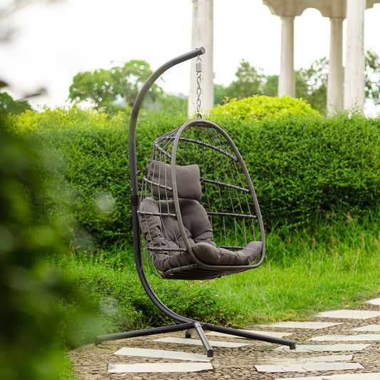 Dimakai Wicker Black Aluminum Frame Hanging Egg Chair with Dark gray Cushioned Seat
