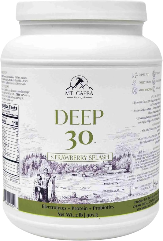 Mt. Capra Deep 30 | Meal Replacement Shake, Goat Protein Powder with Grass-Fed Whey Protein, Casein Protein, Minerals, and BC-30 Probiotics | Strawberry Splash | 30 Servings - 2 Pounds