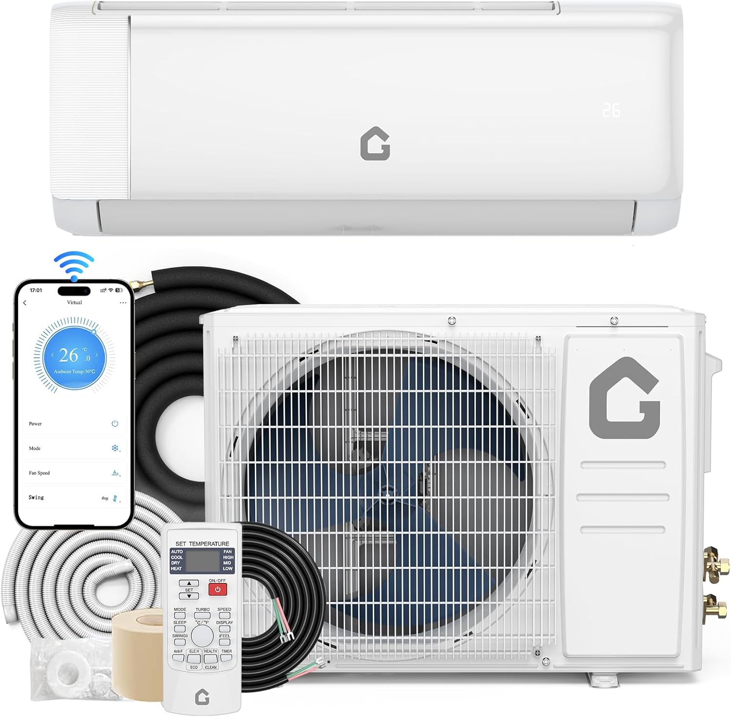 Qeetex 9000 Btu Mini Split Air Conditioner and Heater Wifi Enabled AC with Heat Pump 17 SEER2 Energy Efficient Inverter Installation Kit Cools Up to 550 SqFt 230V