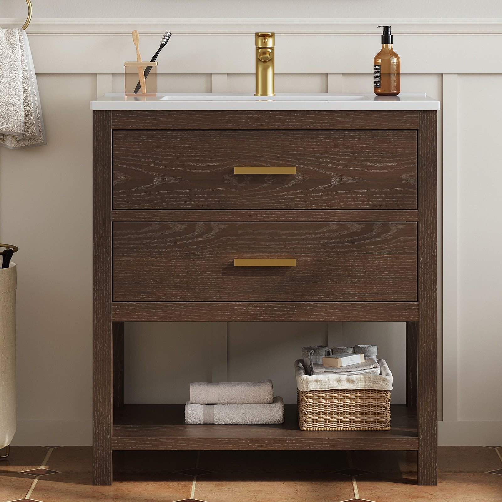 DELUXE LIVING Castle 30-in Walnut Single Sink Bathroom Vanity with White Acrylic Top