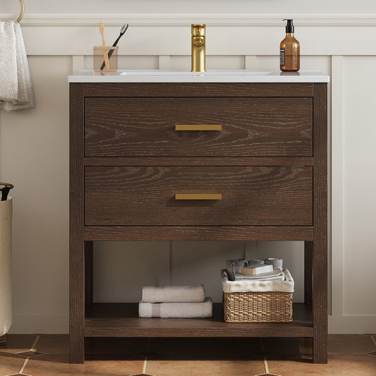 DELUXE LIVING Castle 30-in Walnut Single Sink Bathroom Vanity with White Acrylic Top