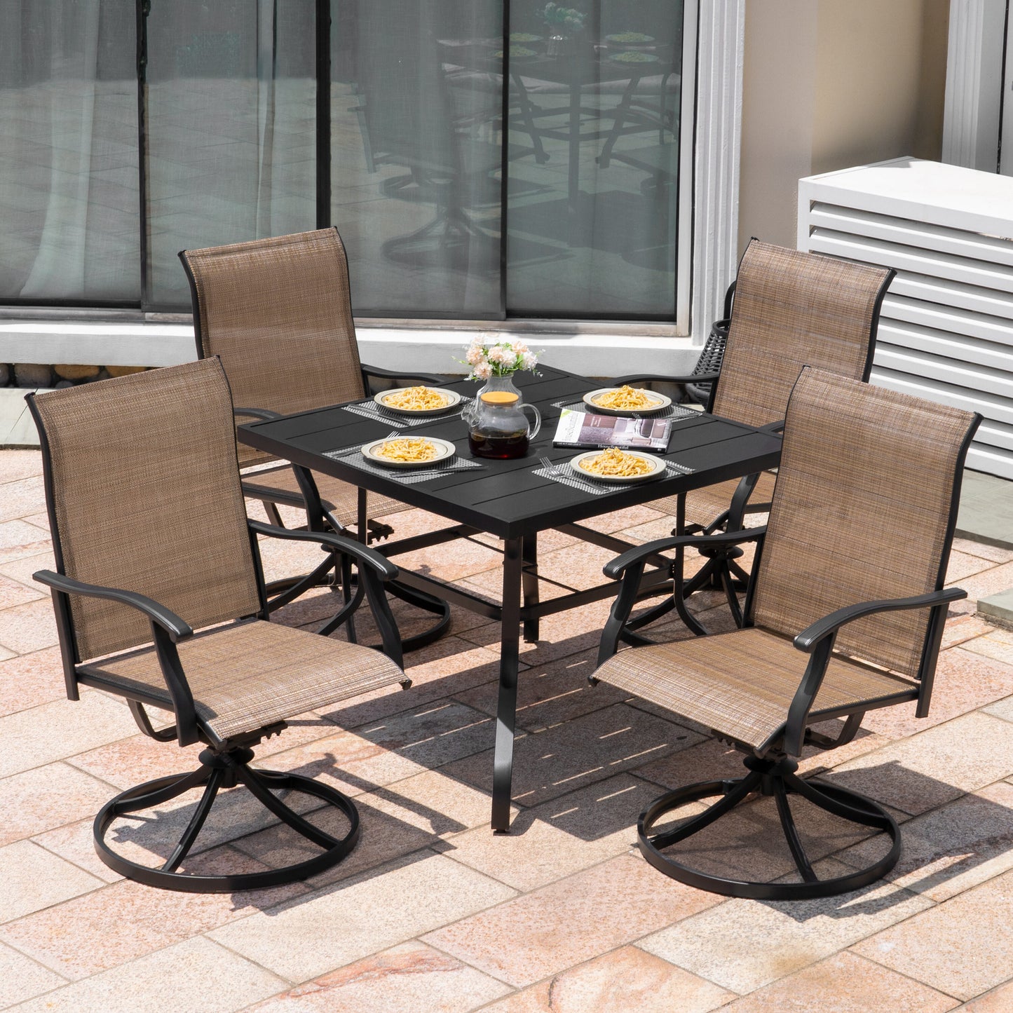 Nuu Garden 5 -Piece Black Patio Dining Set Iron Square Table with 4 Brown Swivel Chairs