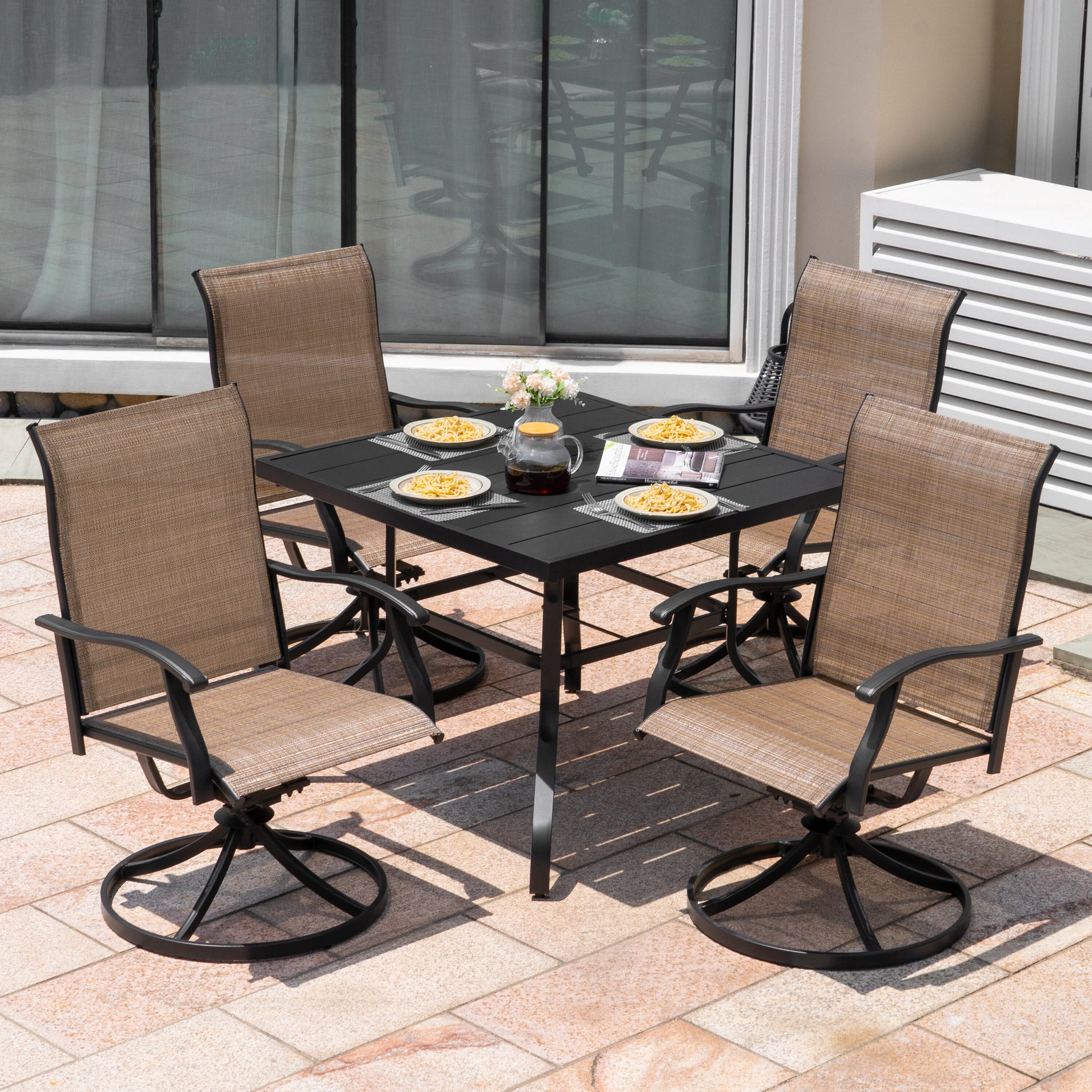 Nuu Garden 5 -Piece Black Patio Dining Set Iron Square Table with 4 Brown Swivel Chairs
