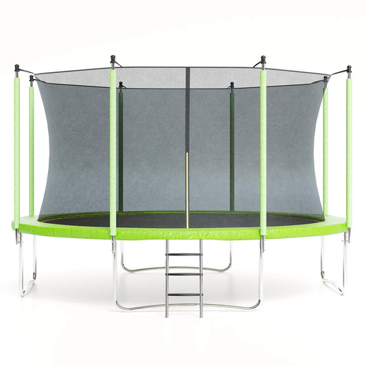 Qeetex 12FT Recreational Trampoline With Safety Enclosure Zippered Lockable Entry Ladder Powder Coated Steel Frame Weather Resistant Heavy Duty Springs For Kids And Adults Green