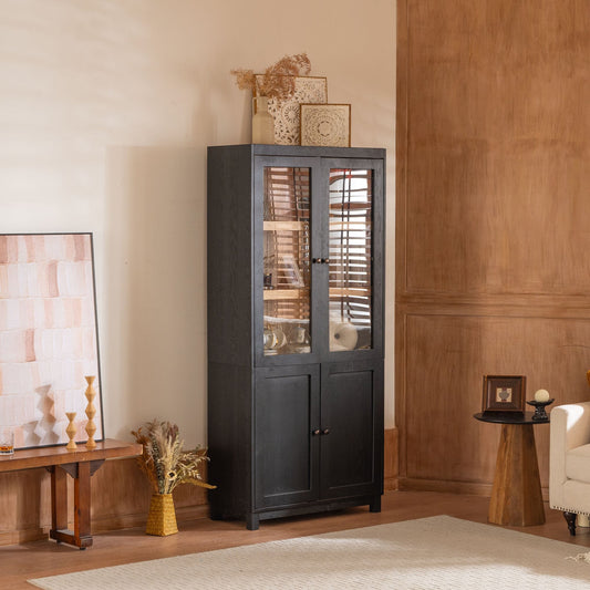 LOVMOR 74.5 in Tall Display Cabinet with Glass Doors Modern Style China Cabinet Curio Cabinet for Collectibles Figures Trophies for Hallways Living Room Kitchen Home Studio or Workspace   Black