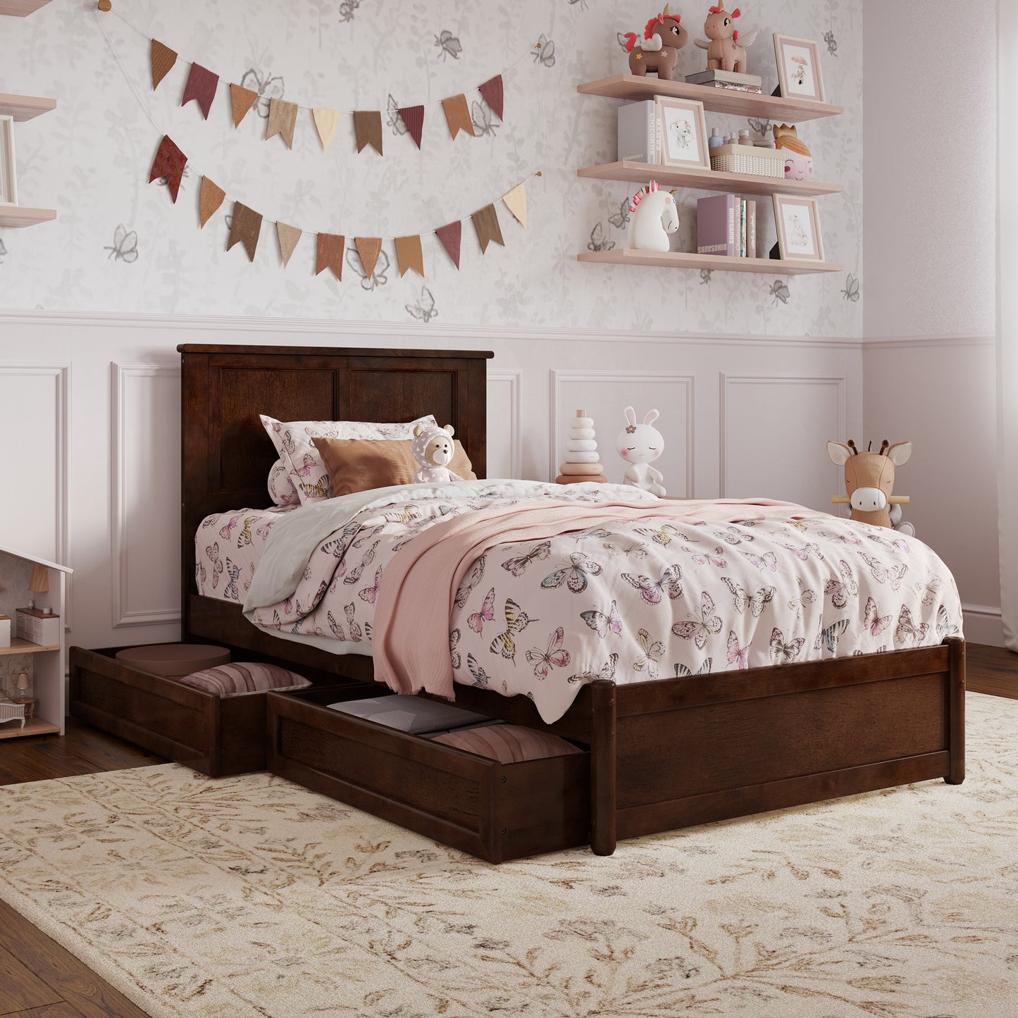 AFI Twin Walnut Wood Storage Platform Bed with Headboard