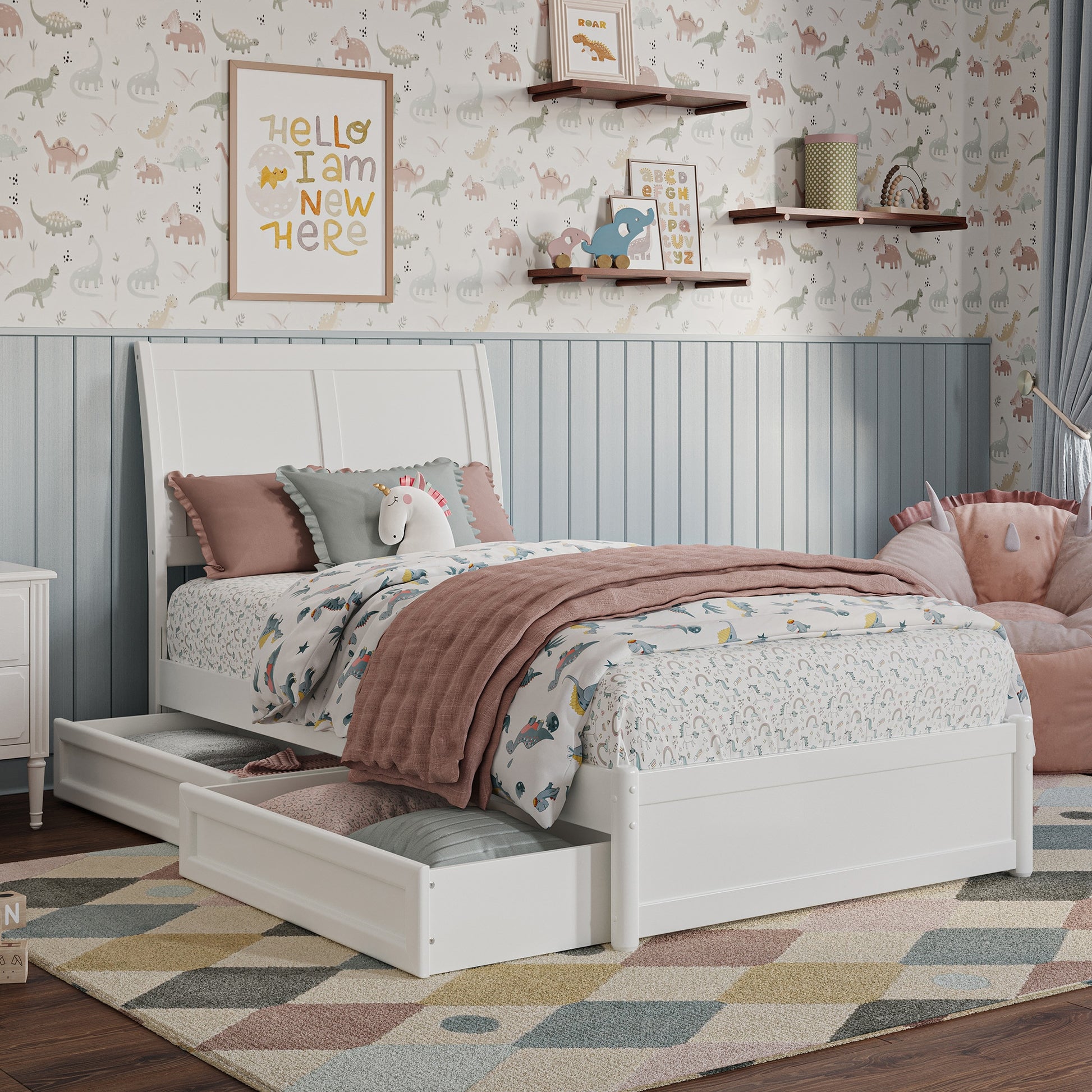 AFI Twin White Wood Storage Platform Bed with Headboard