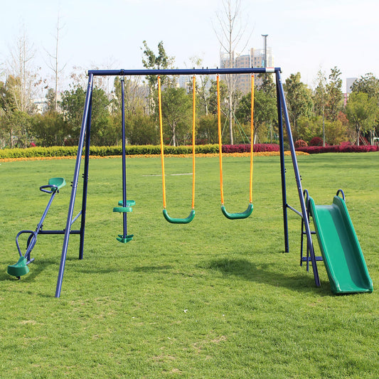 Fun Orange Kids Commercial Steel Playset with 3 Swings and Slide Included