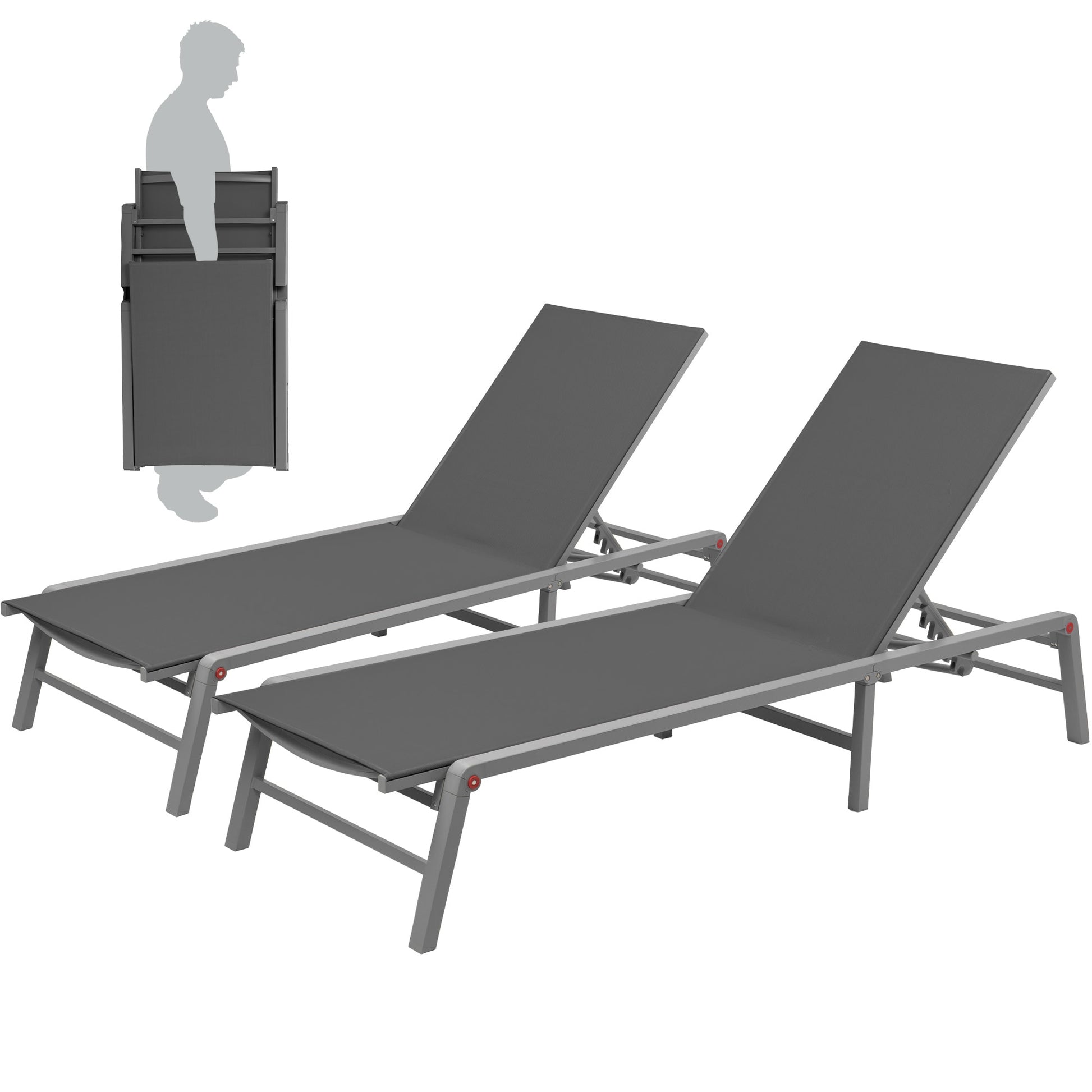 Kozyard Kathy Set of 2 Stackable Gray/Powder Coated Metal Frame Stationary Chaise Lounge Chair with Gray Mesh Seat