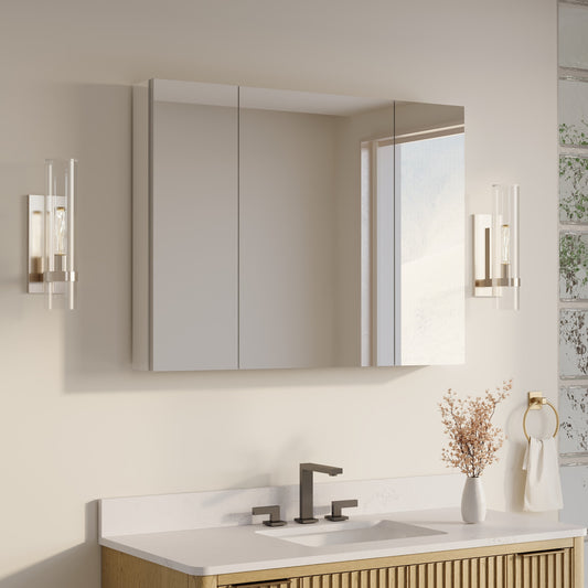 CALVON Recess or Surface Mount medicine cabinet 40-in x 30-in Surface/Recessed Mount Chrome Mirrored Rectangle Soft Close Medicine Cabinet