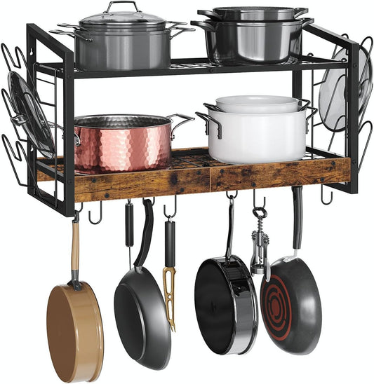 CHOEZON Hanging Pot Rack, Pot Rack Wall Mounted, 2-Tier Kitchen Pot and Lid Organizer, Wall-Mounted Pot Rack with 12 Hooks, for Kitchen Storage of Pots, Pans, Utensils, Rustic Brown TPR02BF