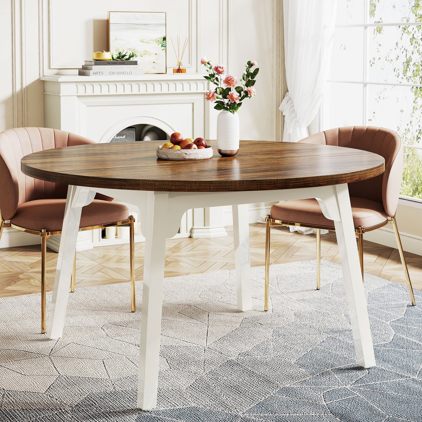Fnova Rustic Brown and White Round Farmhouse MDF Dining Table, with Powder Coated Finish and Metal 47.25-in L x 29.92-in H