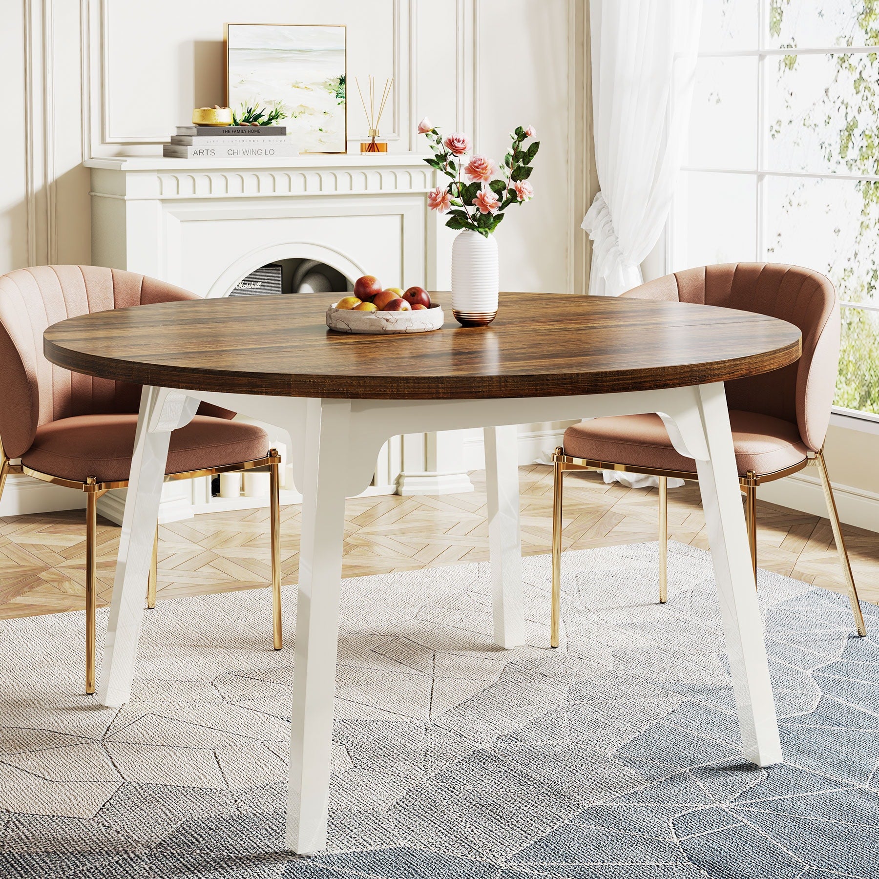 Fnova Rustic Brown and White Round Farmhouse MDF Dining Table, with Powder Coated Finish and Metal 47.25-in L x 29.92-in H